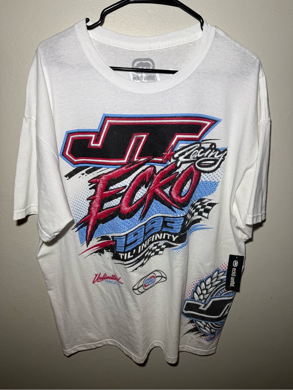 Ecko Unlimited White Racing Graphic Tee with Red and Blue Print